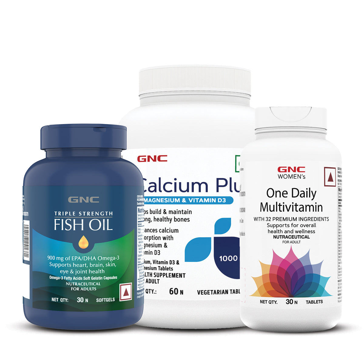 GNC Calcium Plus With Magnesium & Vitamin D3 + Women's One Daily Multivitamin for Women + Triple Strength Fish Oil Omega 3 Capsules for Men & Women