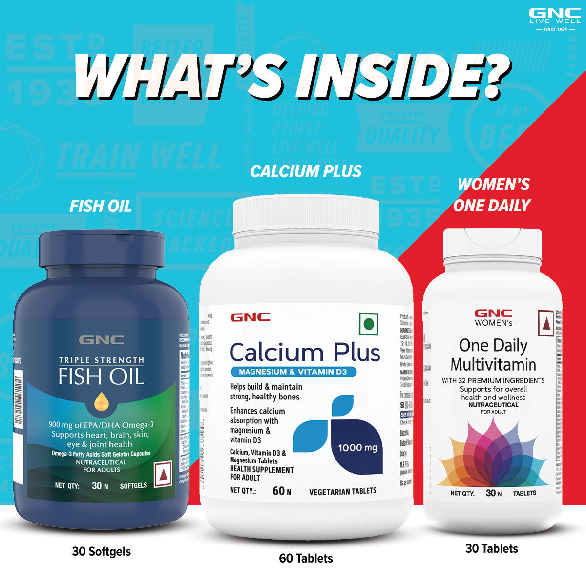 GNC Calcium Plus With Magnesium & Vitamin D3 + Women's One Daily Multivitamin for Women + Triple Strength Fish Oil Omega 3 Capsules for Men & Women