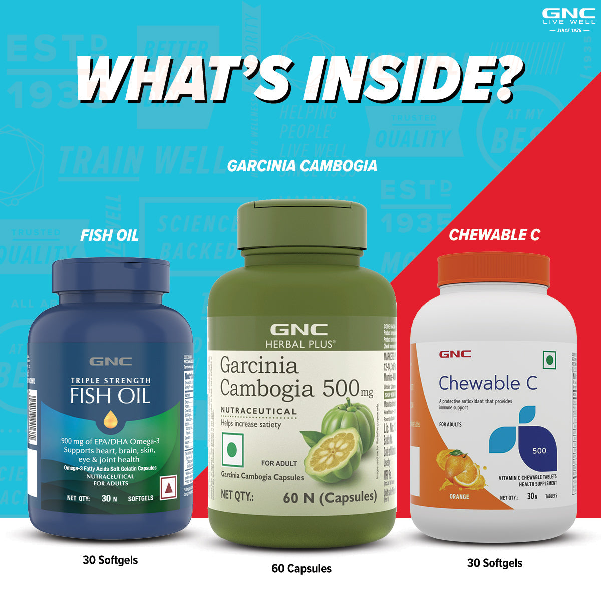 GNC Herbal Plus Garcinia Cambogia + Vitamin C Chewable Tablets + Triple Strength Fish Oil Omega 3 Capsules for Men & Women